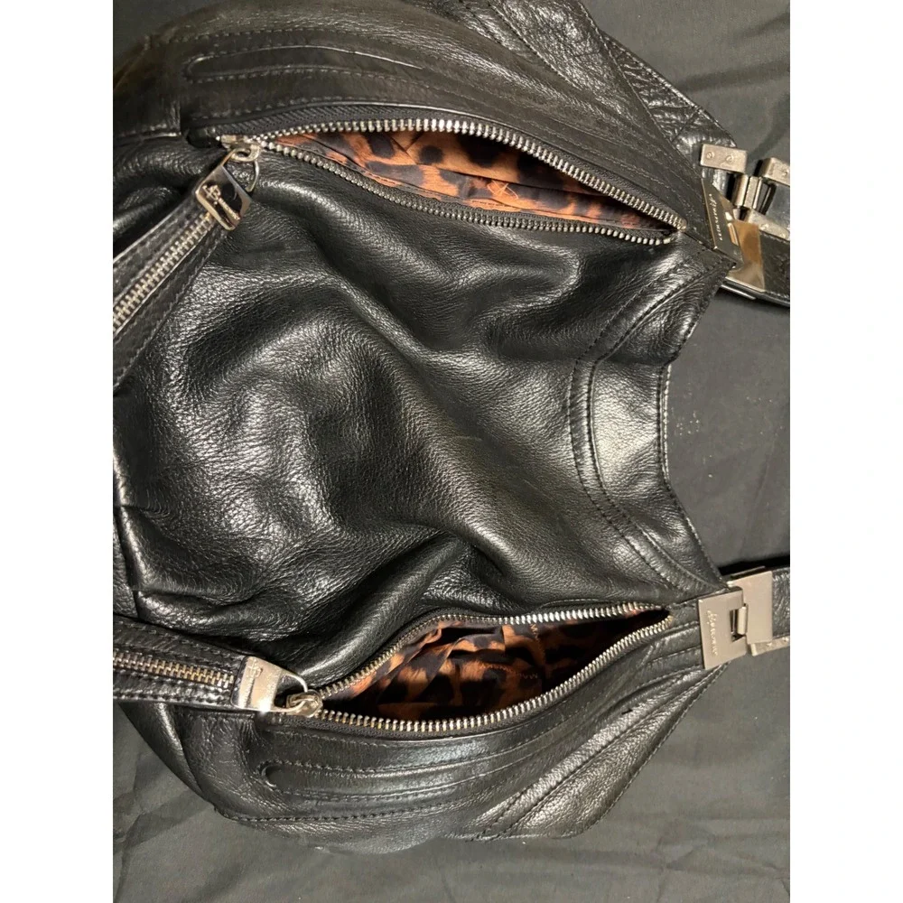 B. Makowsky Black Genuine Leather Large Hobo Shoulder Bag Silver Hardware